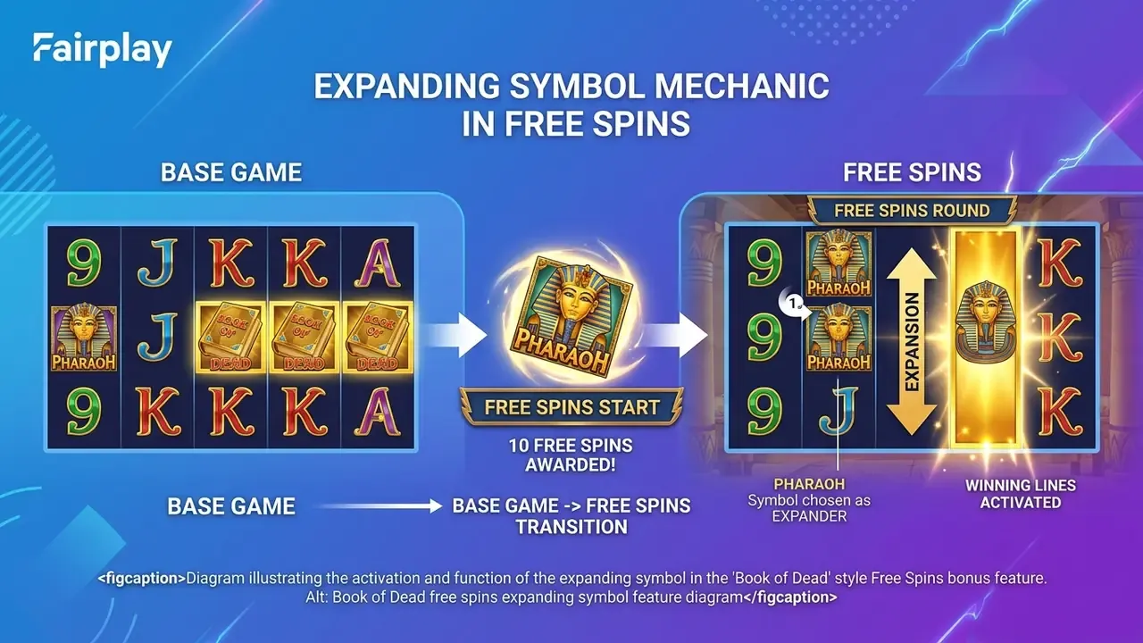 Book of Dead free spins expanding symbol feature diagram